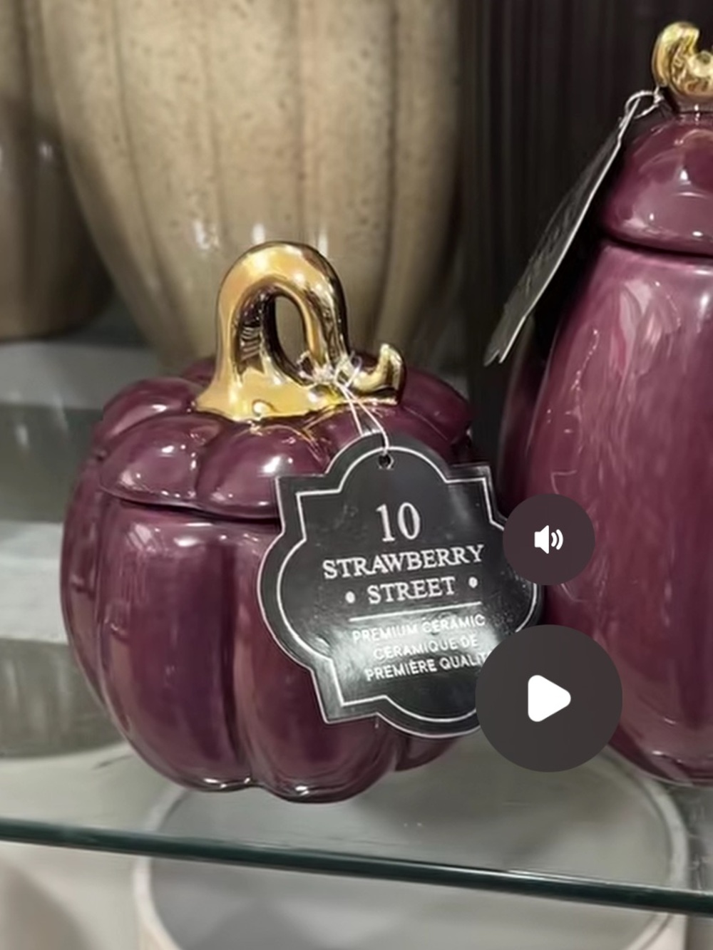 Plum Ceramic Pumpkin Jar with Gold Stem